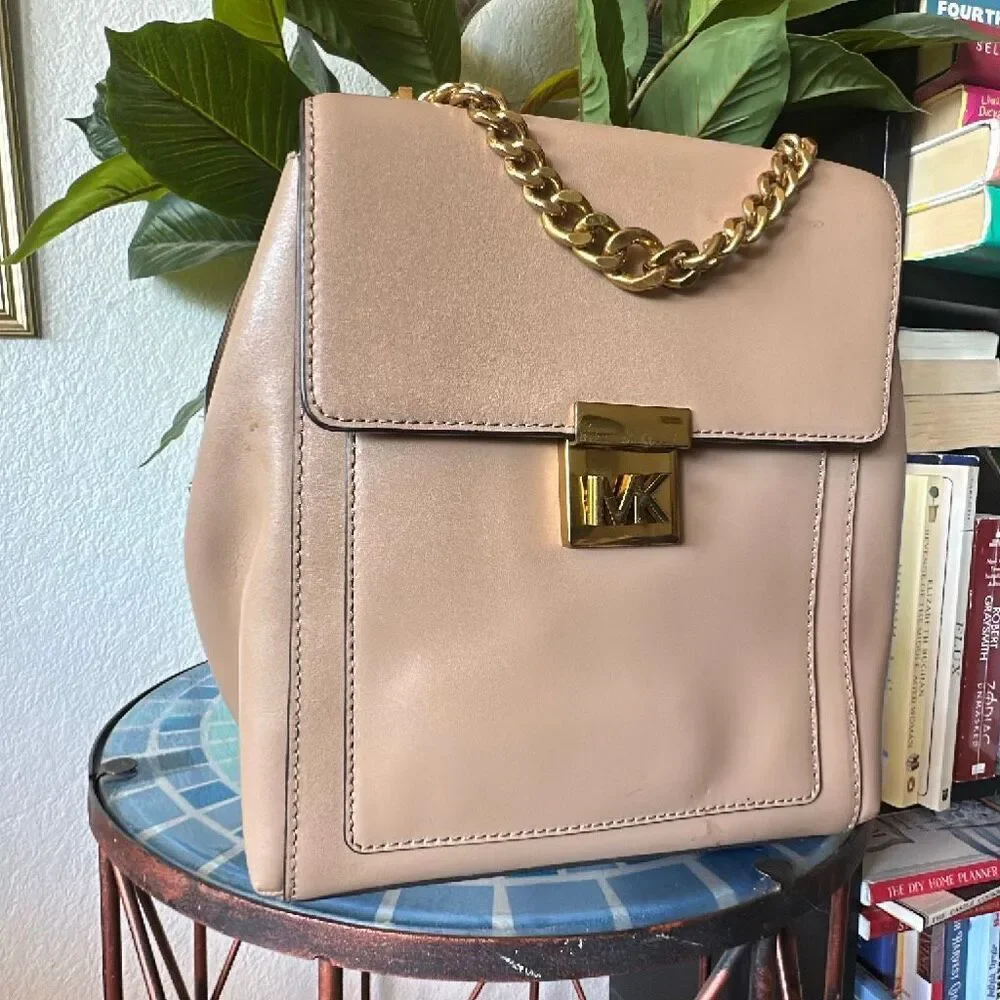Michael Kors tan MK Backpack Gold chain